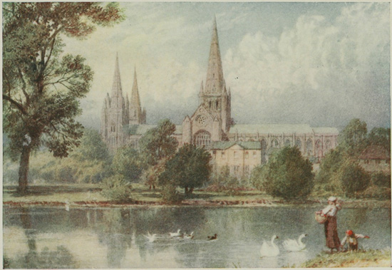 vintage landscape painting of Lichfield Cathedral