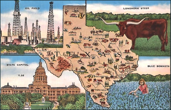 vintage texas state postcard with map