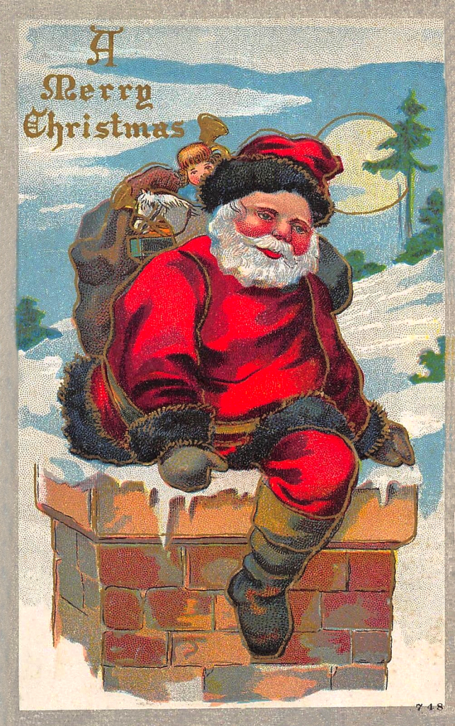 Christmas card Santa going down the chimney
