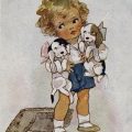 Little Girl with Beagle Puppies vintage illustration