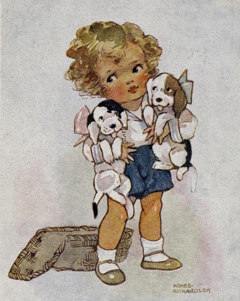 Little Girl with Beagle Puppies vintage illustration