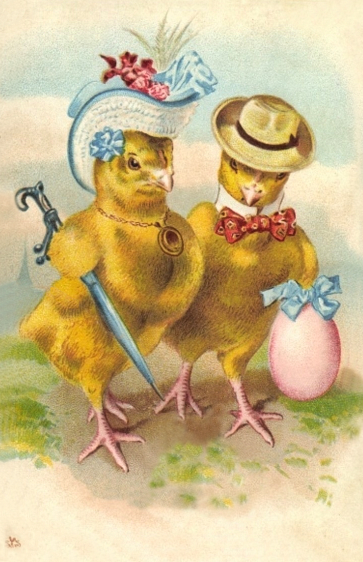 Vintage Easter Card of two chicks in their Easter Finery