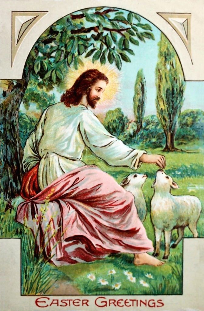 Jesus with Lambs a vintage Easter illustration and postcard