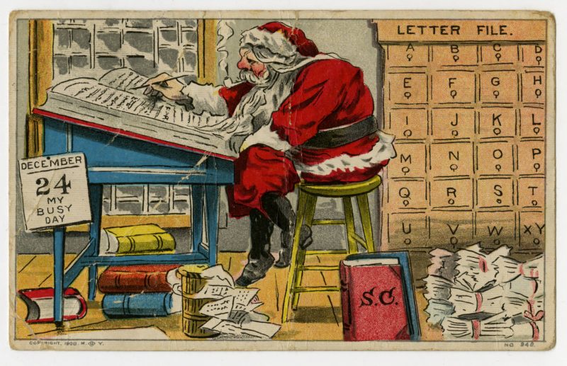 Santa's files, Santa Claus checking his list for one last time before flying