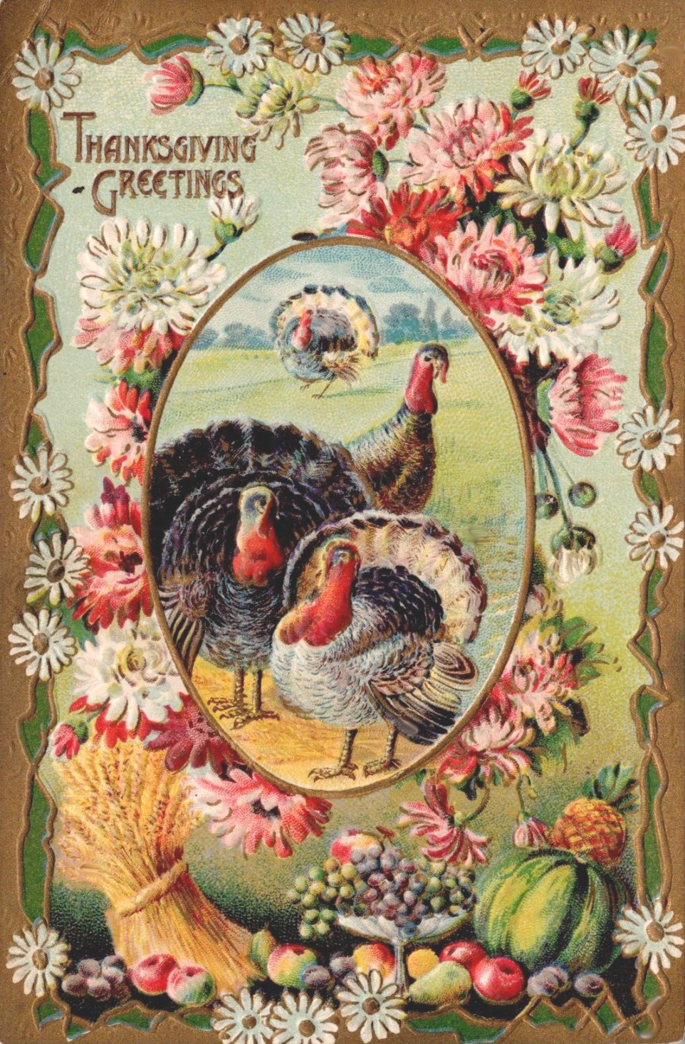 Vintage Thanksgiving Greetings postcard image with pink flowers and turkeys.